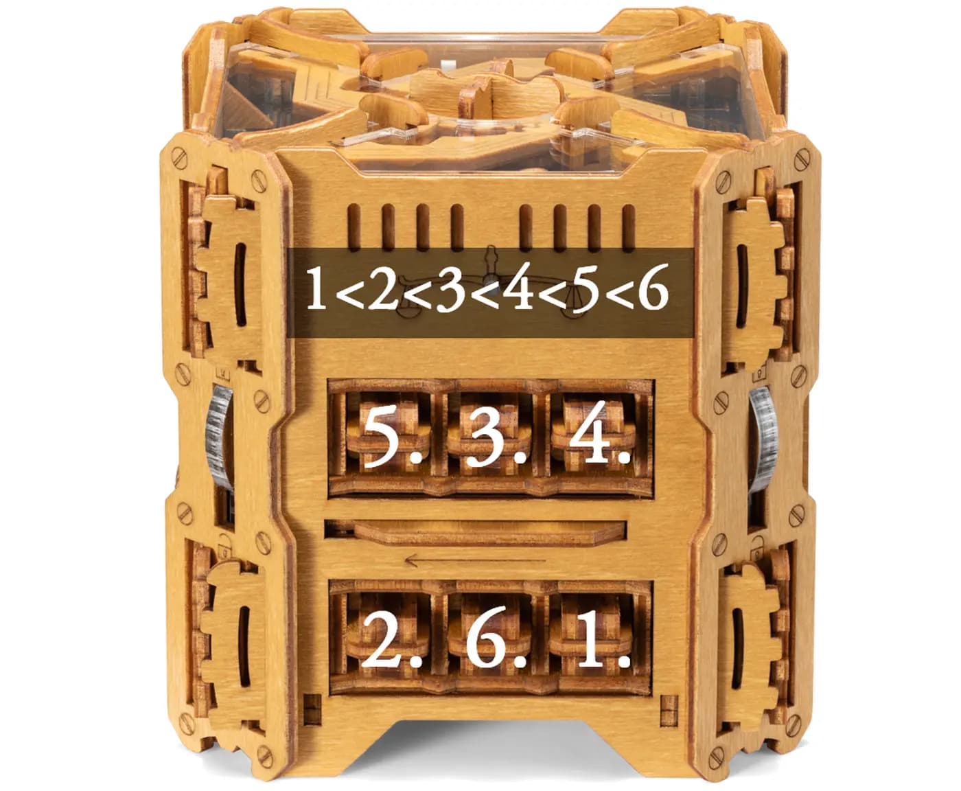The six objects back in their holes on side C, numbered 1 to 6 from lightest to heaviest, with the order 1<2<3<4<5<6 shown above them