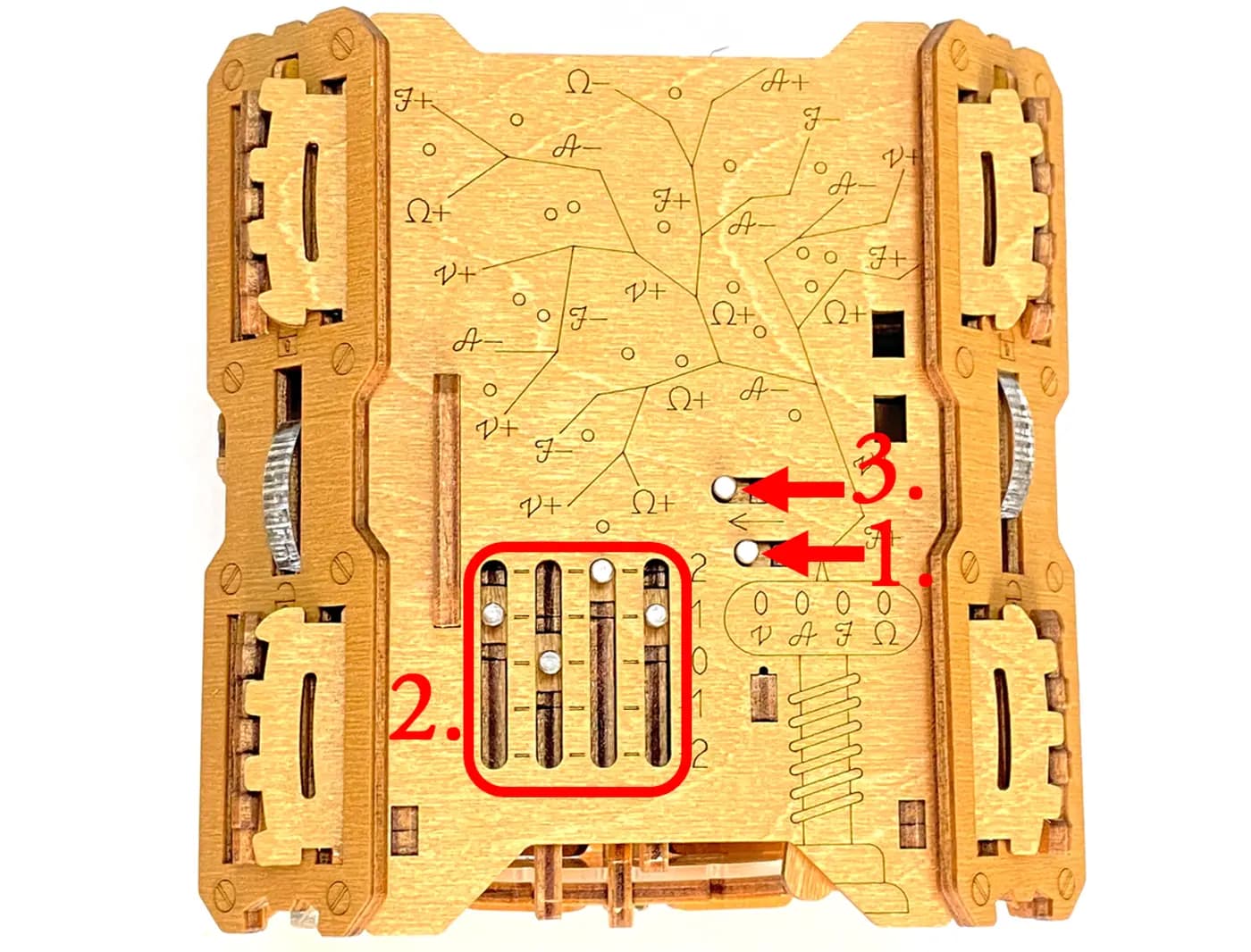 The clear acrylic tool aligned over the junction markings, with the four vertical pin sliders in their solved positions