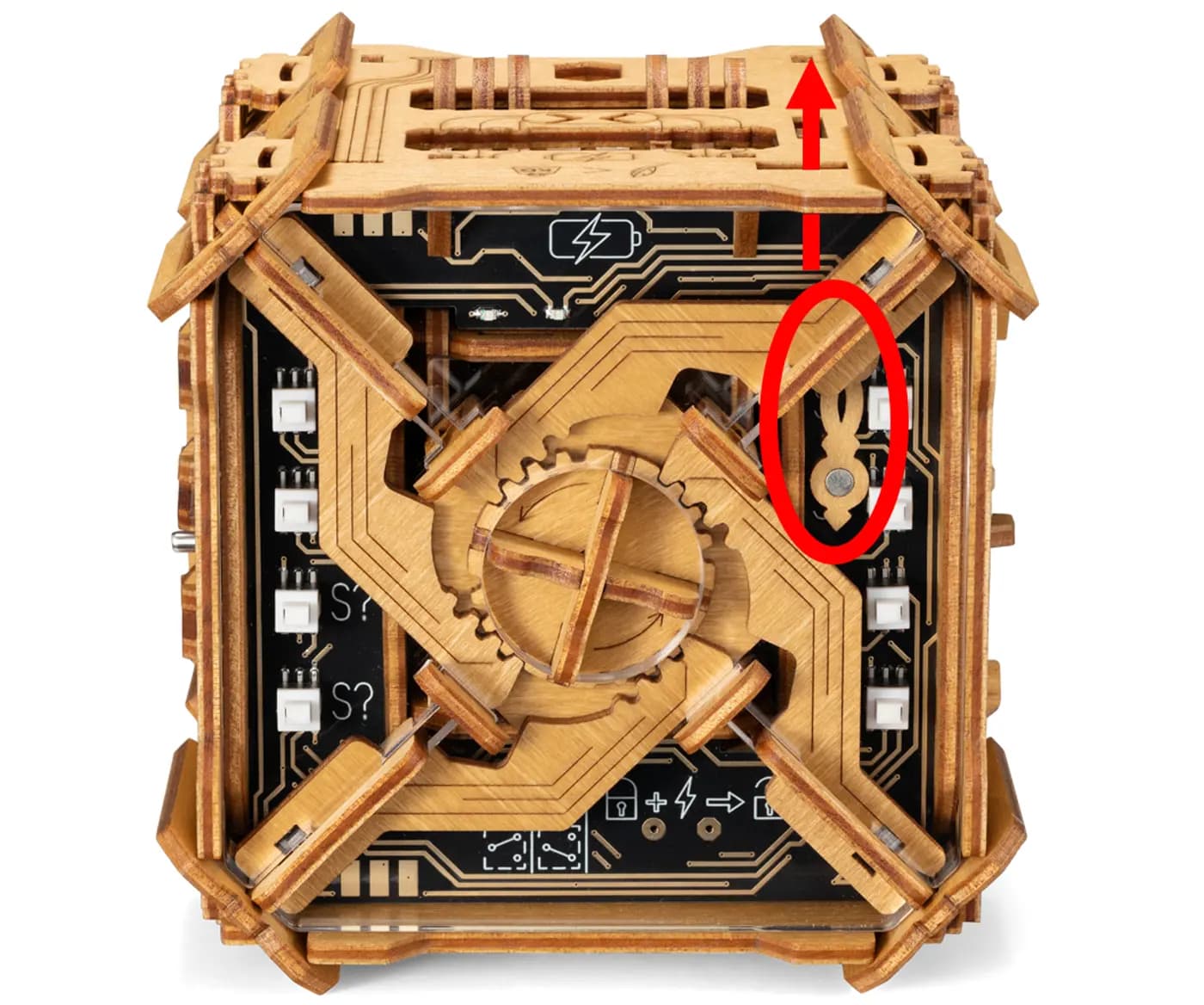 The three discs under the clock face turned so an opening appears at the top, with the weighing bar inserted