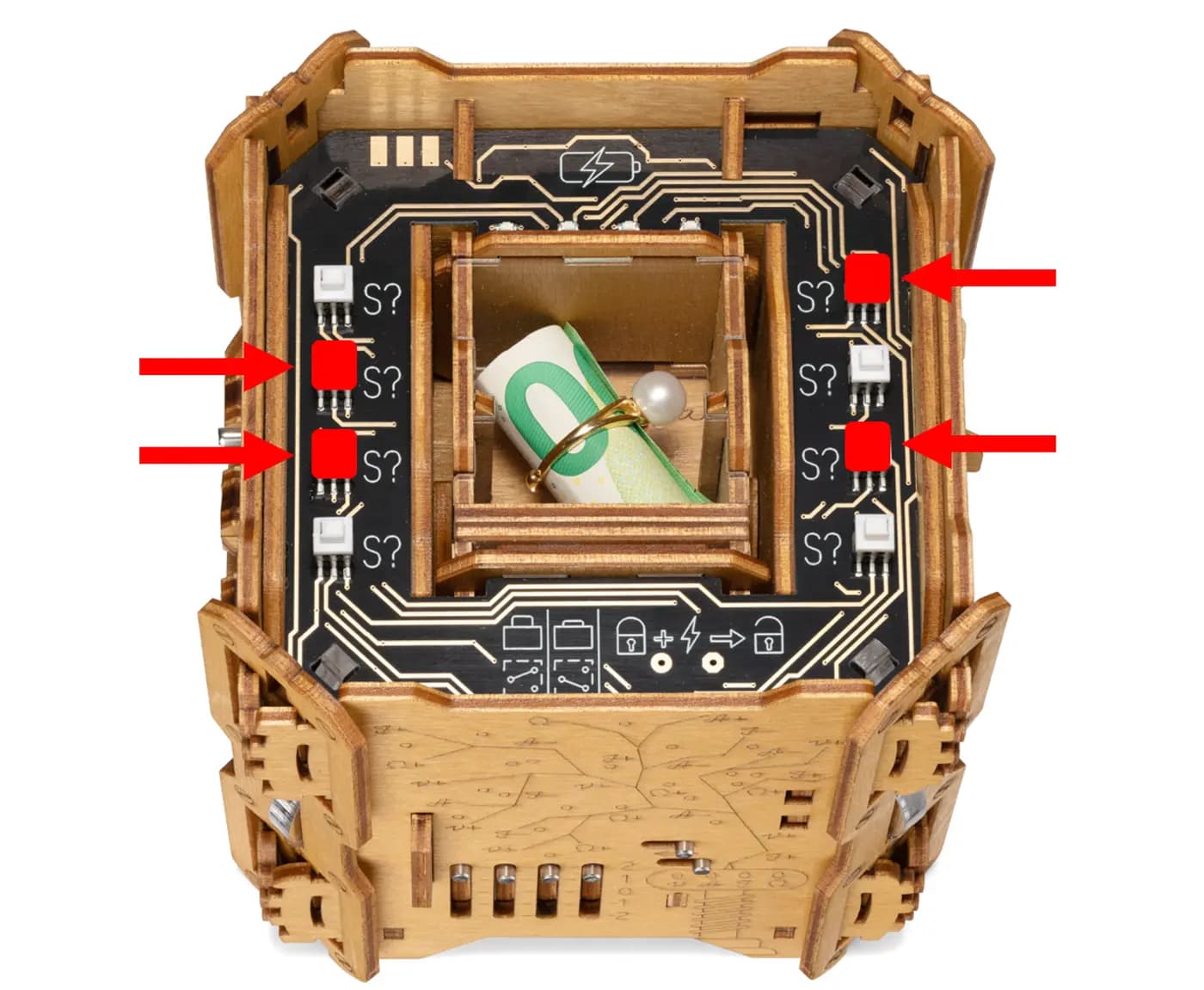 The circuit board on side E with the four buttons to press marked