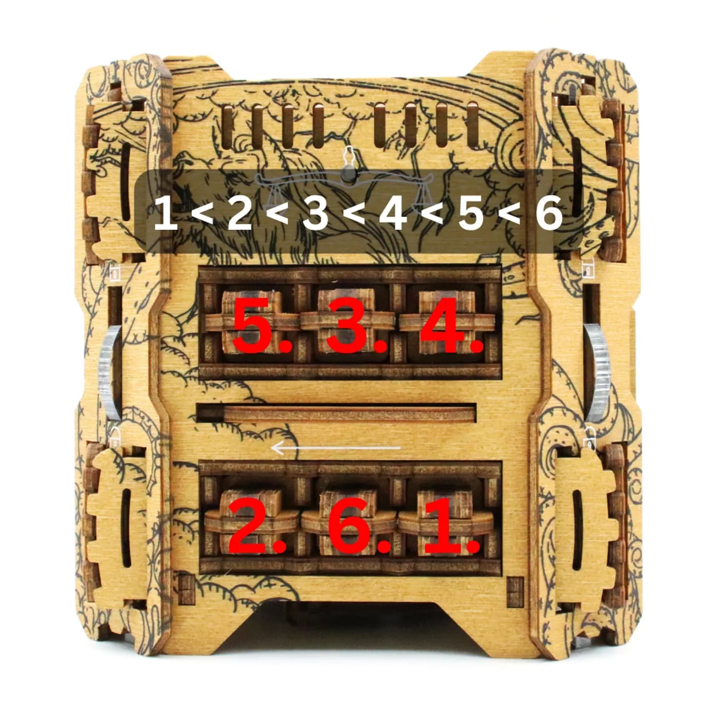 The six keys back in their keyholes on side C, numbered 1 to 6 from lightest to heaviest, with the order 1<2<3<4<5<6 shown above them