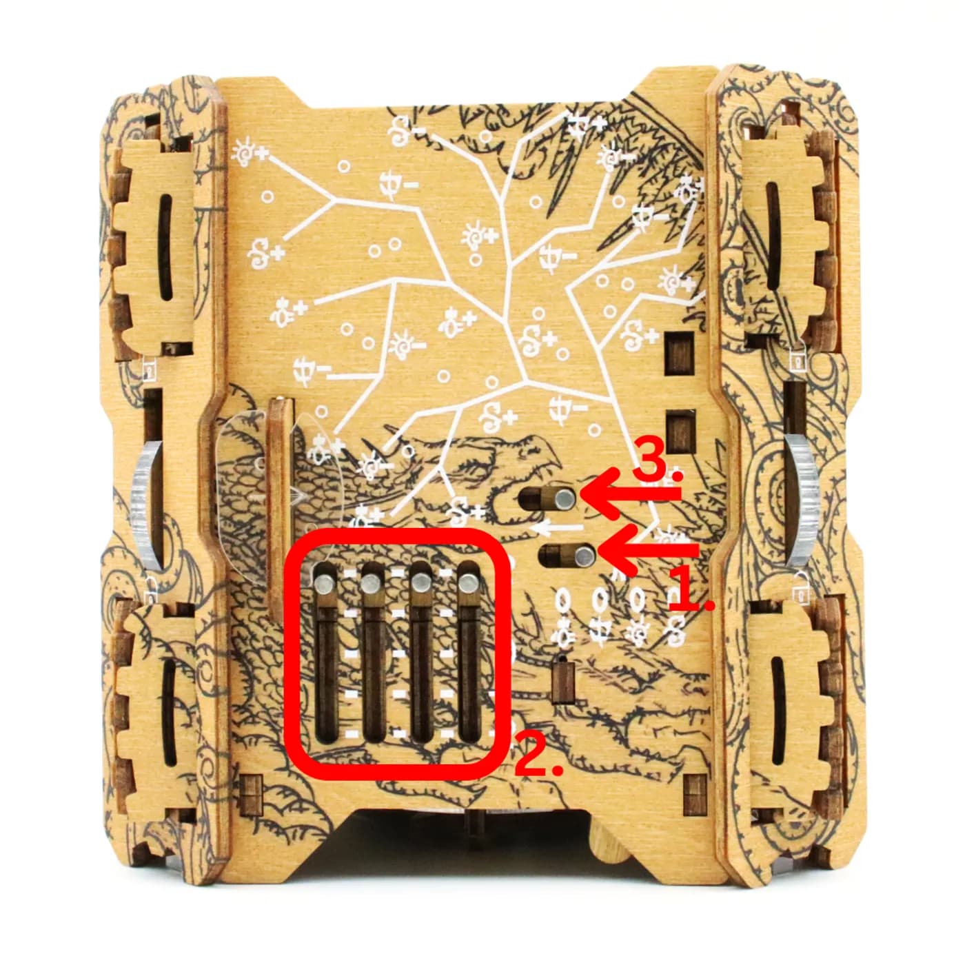 The four vertical pin sliders in their solved positions on side D, under the engraved skill tree