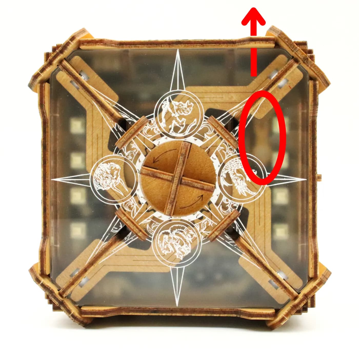 The mechanism under the translucent lid, with the slot to insert the weighing bar circled