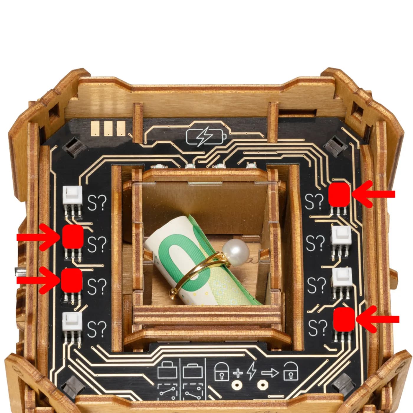 The circuit board on side E with the four buttons to press marked