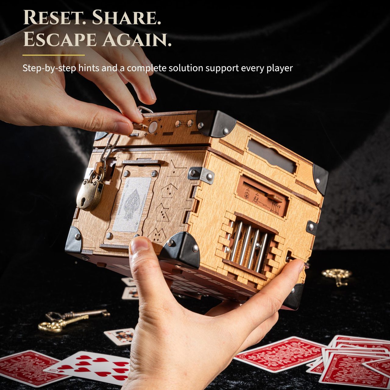 Reset. Share. Escape again: step-by-step hints and a full solution support every player. Two hands turn the box open above scattered playing cards.